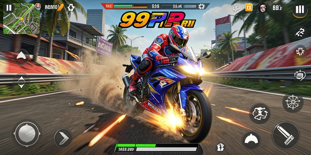 Tampilan gameplay 99RP dengan aksi balap motor yang mendebarkan.