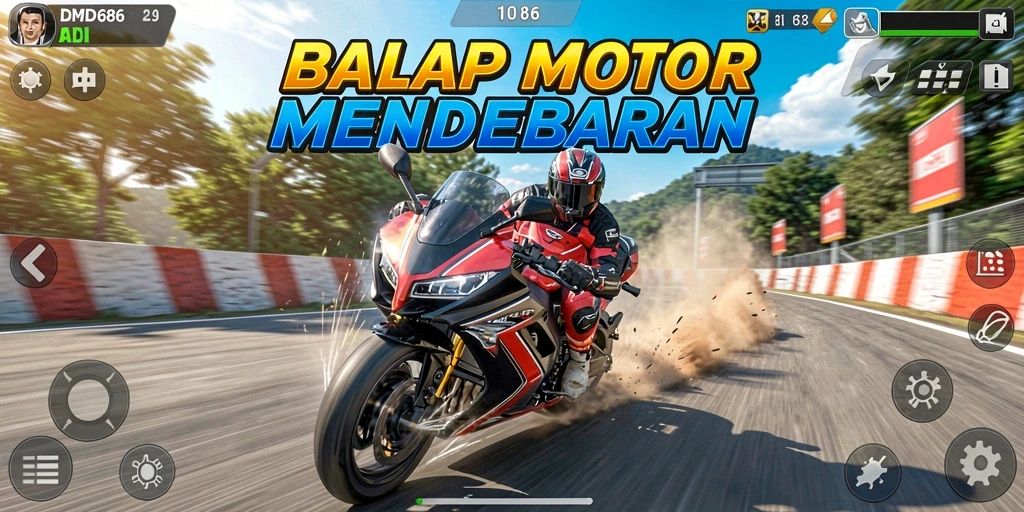 Gameplay seru dari DMD686 saat balapan motor di lintasan.
