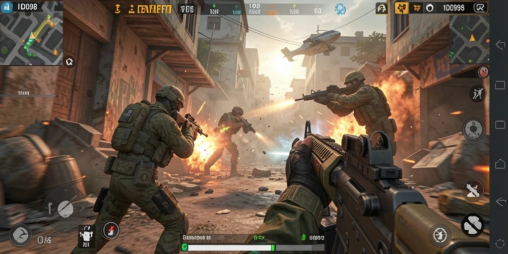 Screenshot gameplay ID098 menampilkan pertempuran intens di arena FPS.