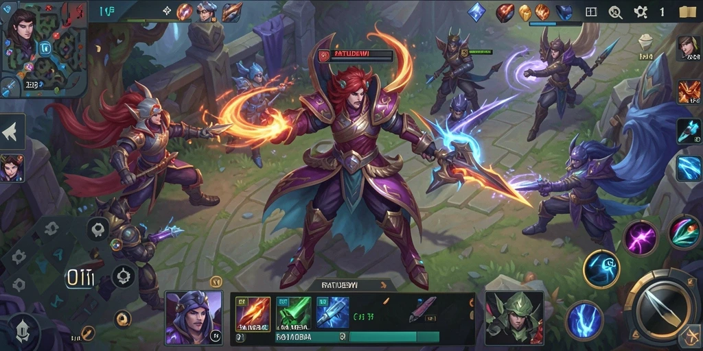 Tampilan epik gameplay RATUDEWI dengan pertarungan karakter yang dinamis.
