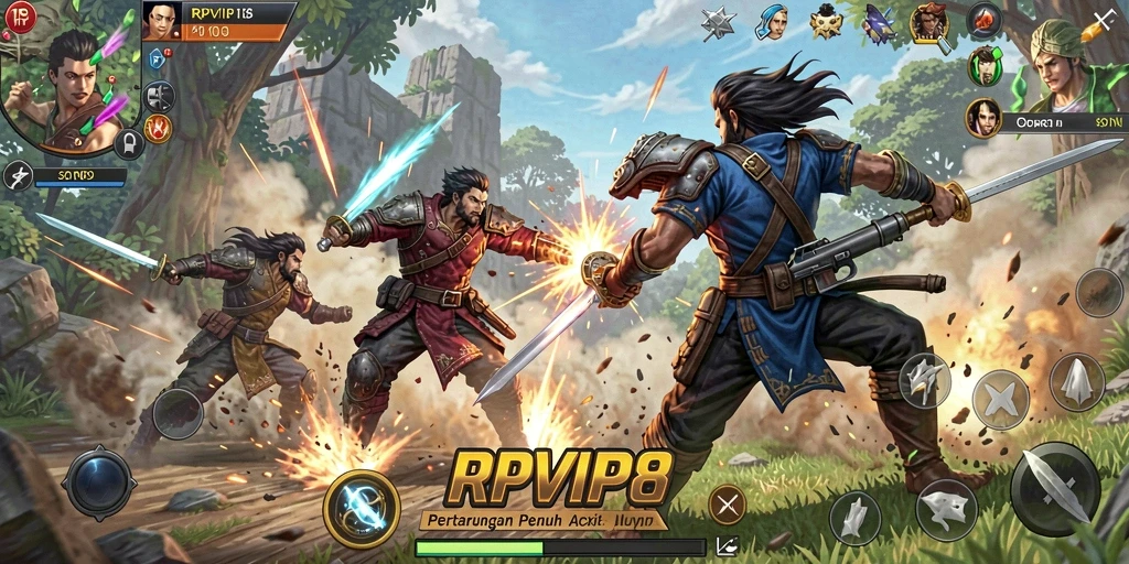 Screenshot gameplay RPVIP8 menampilkan aksi bertarung yang intens.