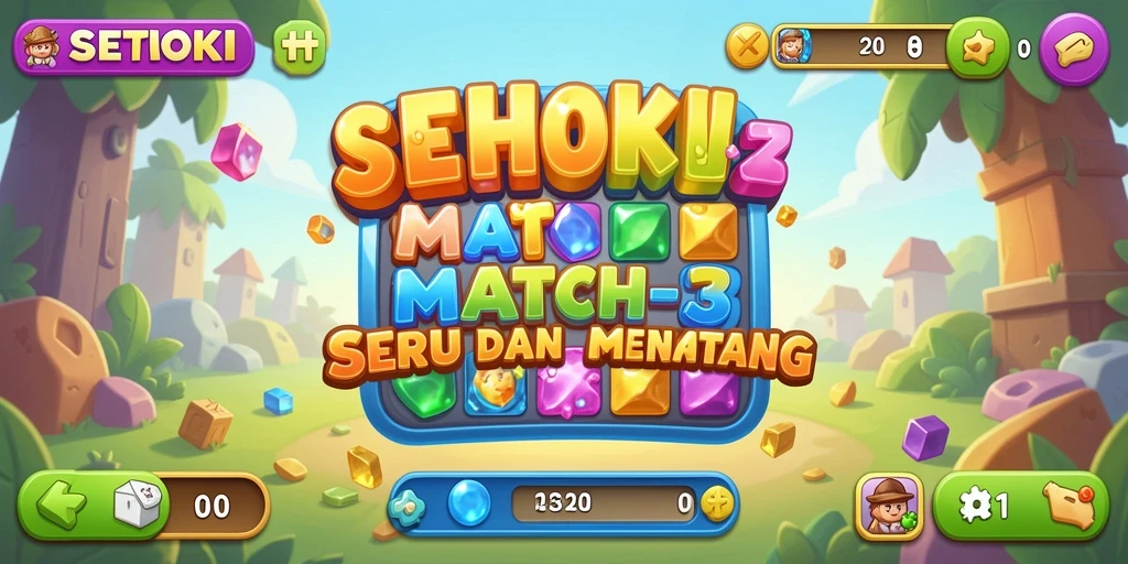 Screenshot gameplay SEHOKI dengan objek Match-3 yang cerah.