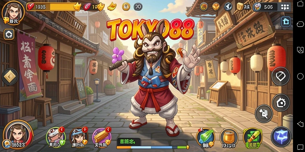 Screenshot gameplay <strong>TOKYO88</strong> menunjukkan pengalaman mengelola bisnis dalam suasana Jepang.